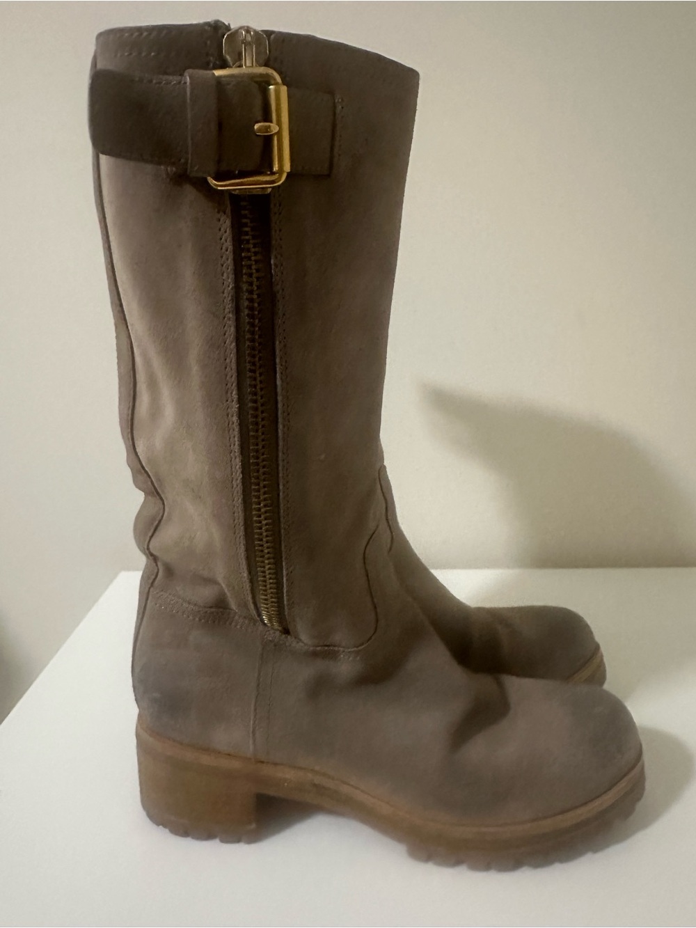Prada Taupe Suede Over-the-Knee Boots with Gold Hardware - Picture 9 of 15